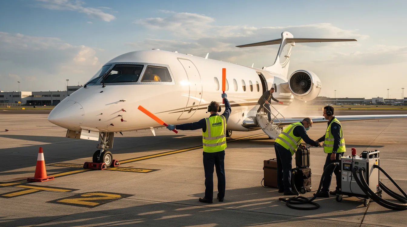 A Dassault Falcon 7X private jet, often associated with celebrities like Taylor Swift, is parked on a tarmac as ground crew prepares for its departure. The aircraft features plush seating and advanced avionics, highlighting the luxury and efficiency of private jets.