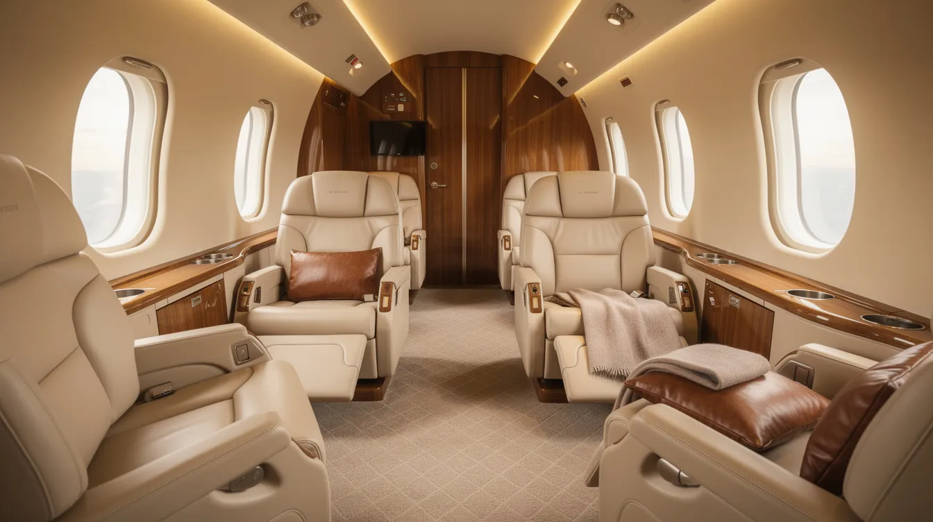The image depicts the luxurious interior of a private jet cabin, featuring plush leather seats and warm wood finishes, reminiscent of the opulence often associated with celebrities like Taylor Swift. This elegant space is designed for comfort and style, showcasing the sophistication of private jets such as the Dassault Falcon 7X.