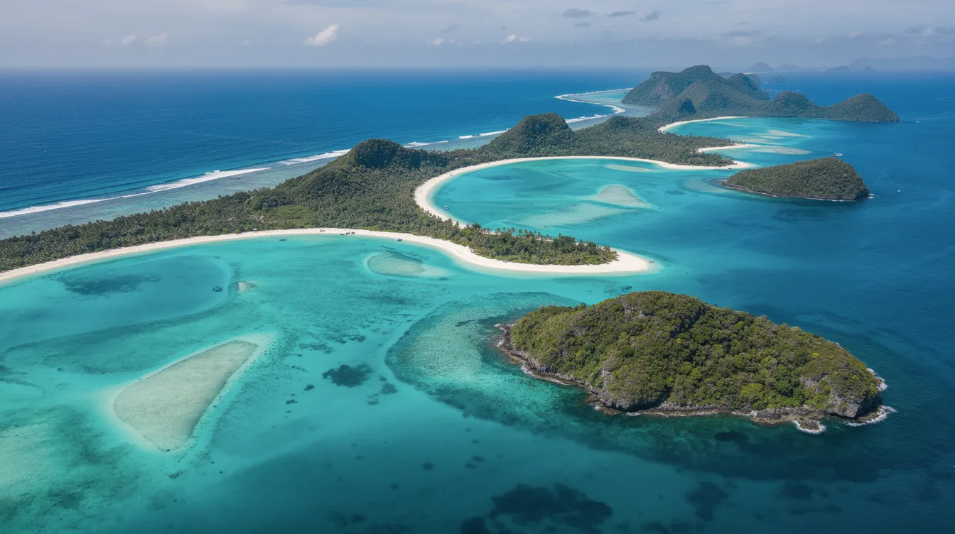 An aerial view captures the stunning turquoise waters that embrace lush green islands, evoking the beauty of private jet journeys to tropical destinations. This picturesque scene highlights the natural wonders that await on a luxury vacation, inviting travelers to explore and relax in paradise.