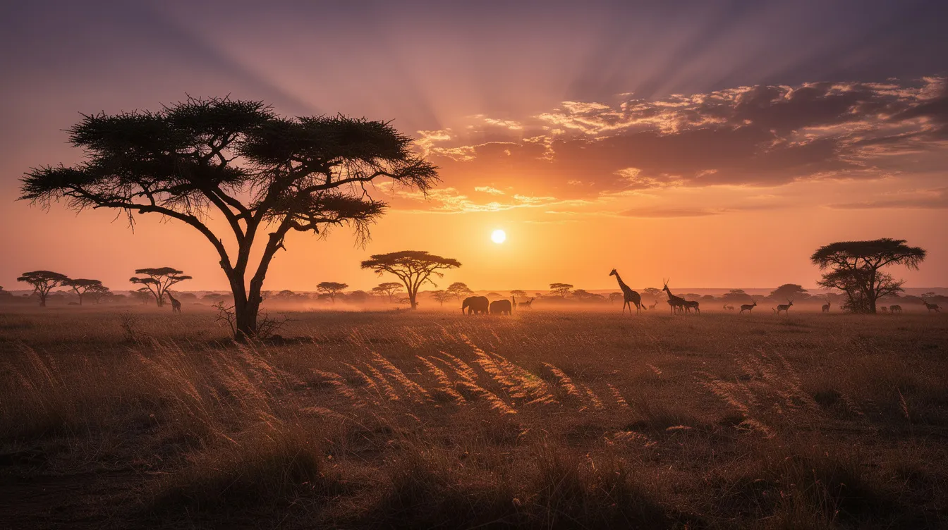 The image captures a wide African savanna landscape at sunset, featuring the striking silhouettes of acacia trees against a vibrant sky, with distant wildlife adding to the natural wonders of this breathtaking scene. This serene setting is perfect for those seeking unique experiences on their private jet journeys or luxury vacations.
