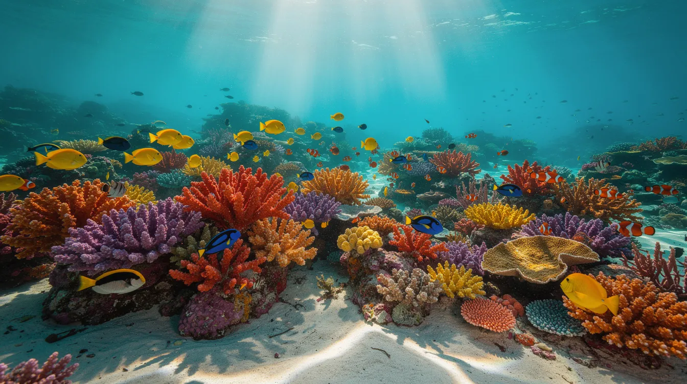 A vibrant underwater scene showcases a colorful coral reef teeming with tropical fish swimming gracefully among the corals, highlighting the natural wonders of the ocean. This enchanting environment is reminiscent of the great barrier reef, inviting travelers to explore its beauty on private jet expeditions or luxury vacations.
