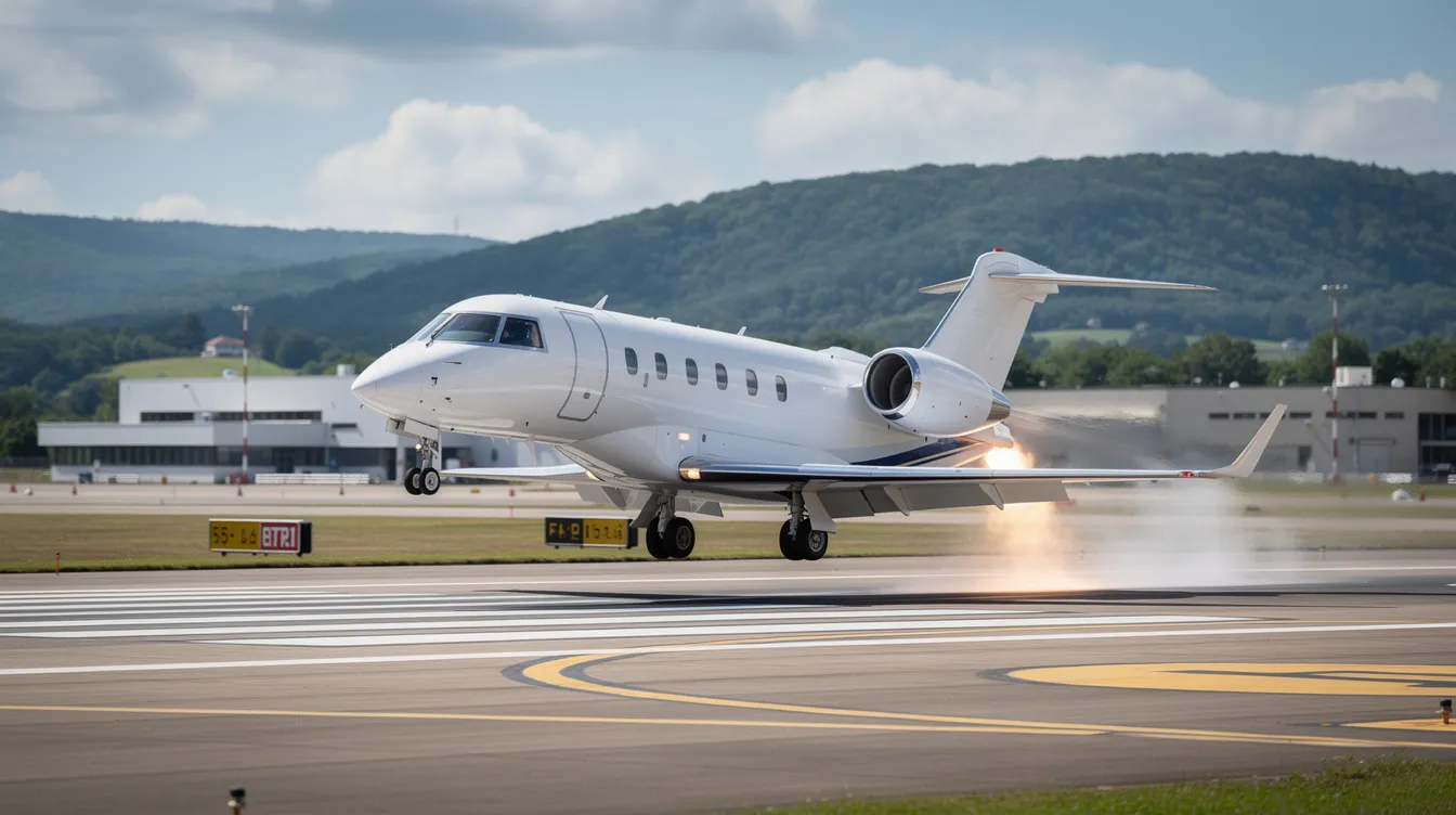A small private jet is taking off from a regional airport runway, soaring into the clear blue sky, with lush green hills surrounding the area. This image captures the essence of private aviation, showcasing the convenience and luxury of private jet charters for travelers embarking on their next journey.