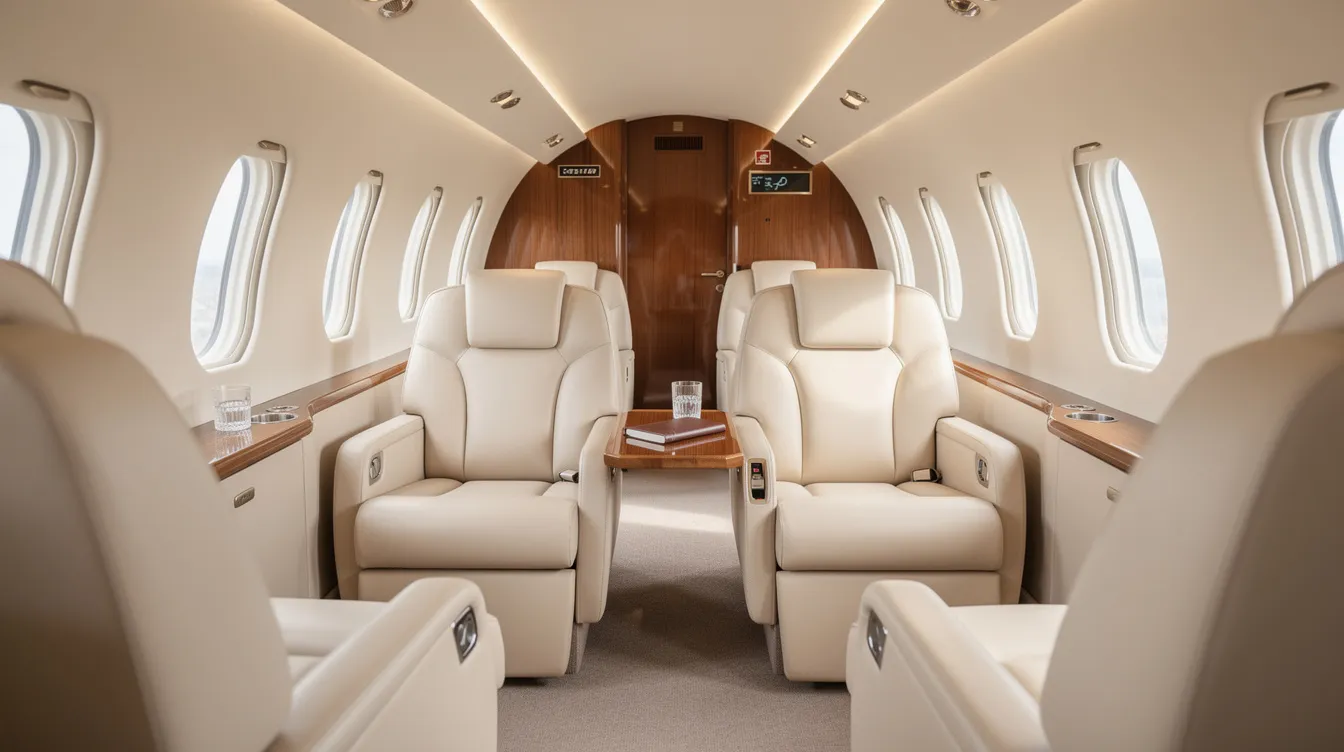 The image showcases the interior of a midsize private jet cabin featuring cream leather club seats, illuminated by natural light streaming through oval windows, emphasizing the comfort and elegance of private aviation. This inviting space is designed for travelers seeking a luxurious journey with personalized service.