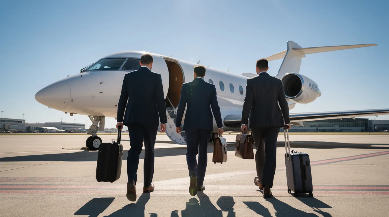 A group of business travelers in tailored suits walks confidently toward a private jet on a sunny airport tarmac, symbolizing the luxury and convenience of private aviation. The scene captures the essence of personalized service and comfort that private jet charters offer for their next trip.