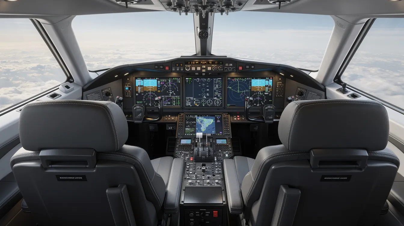 The image depicts the interior cockpit of a modern private jet, showcasing advanced digital avionics and two pilot seats, emphasizing the high-tech environment of private aviation. This setting is crucial for ensuring flight safety and effective air traffic control during private flights and general aviation operations.