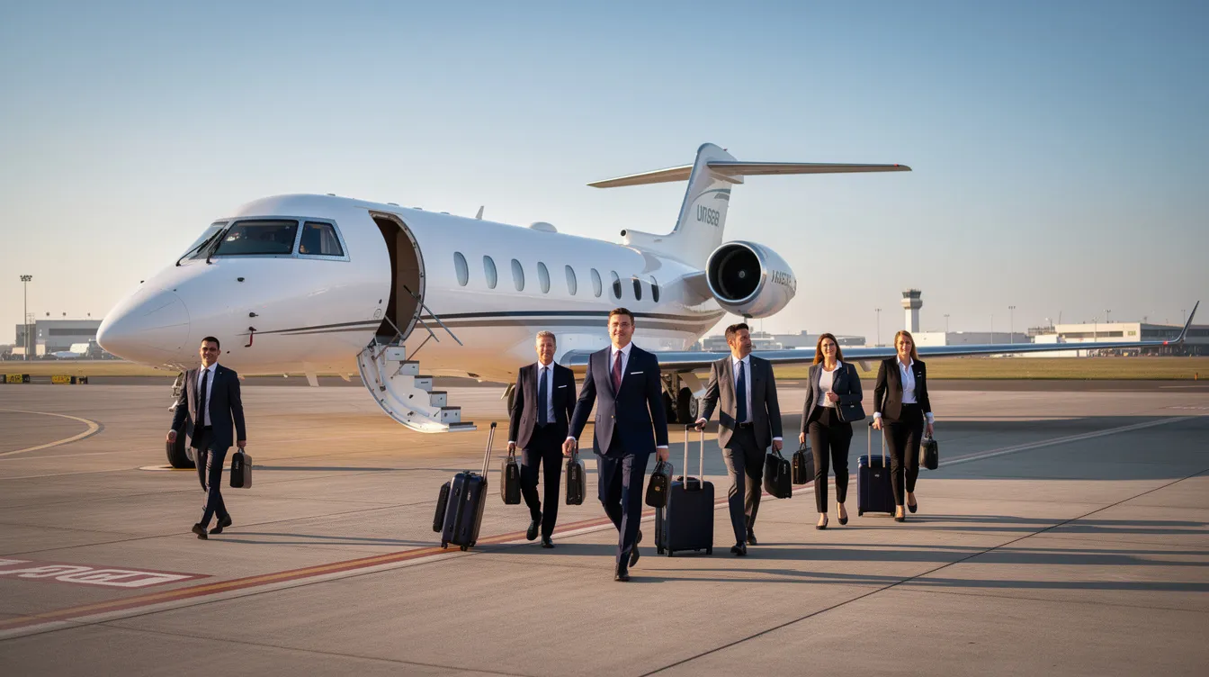 Business travelers are seen walking toward a sleek white private jet on a tarmac, with a clear blue sky overhead, emphasizing the allure of private aviation. This scene reflects the world of private flights, where business jets offer a luxurious alternative to commercial airlines for efficient air travel.