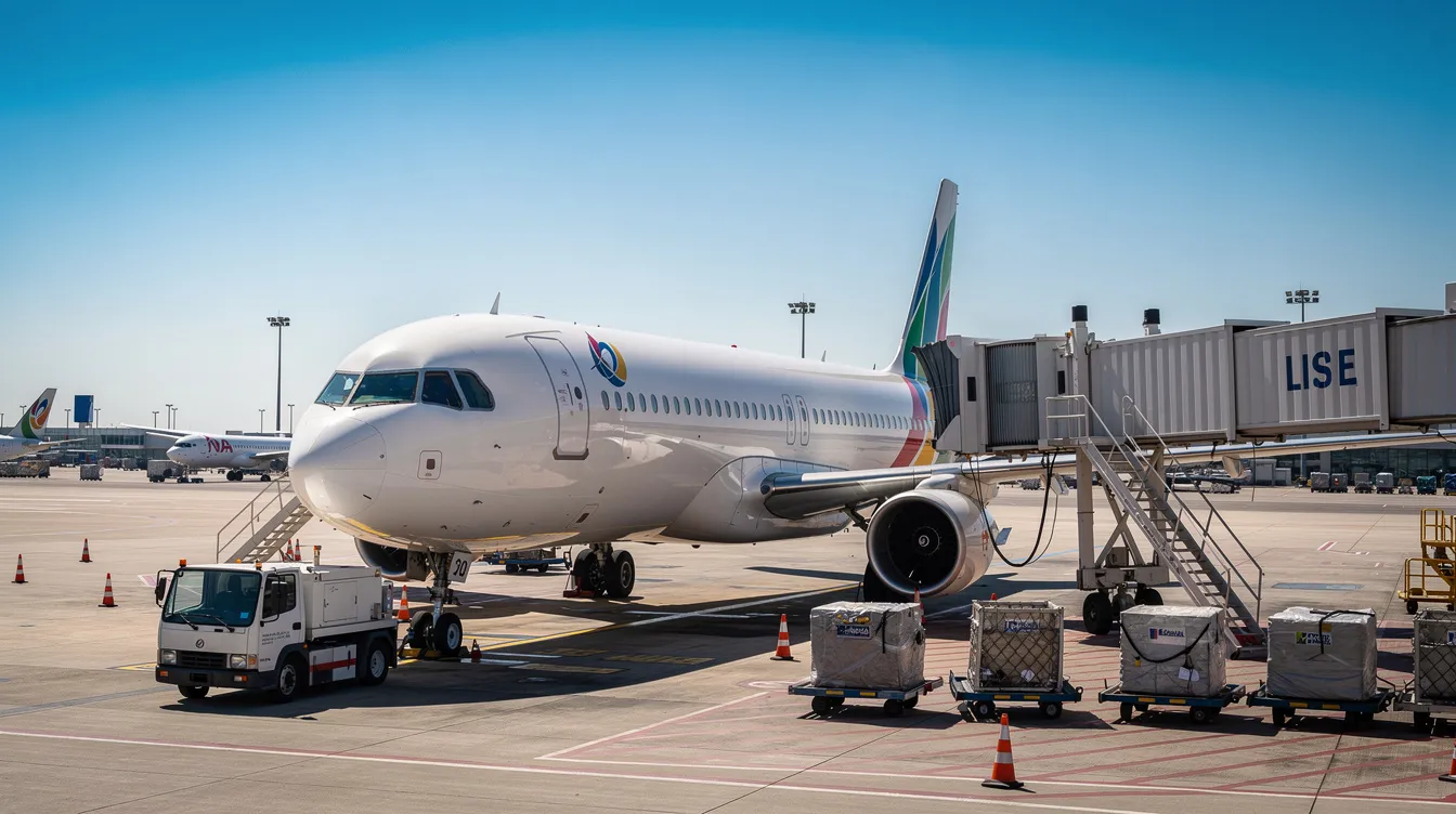 A commercial passenger aircraft from Delta Air Lines is parked at an airport gate on a sunny day, ready for boarding as passengers prepare for their flight to various destinations. The scene captures the hustle and bustle of airline travel, with the aircraft's sleek design and vibrant colors standing out against the clear blue sky.