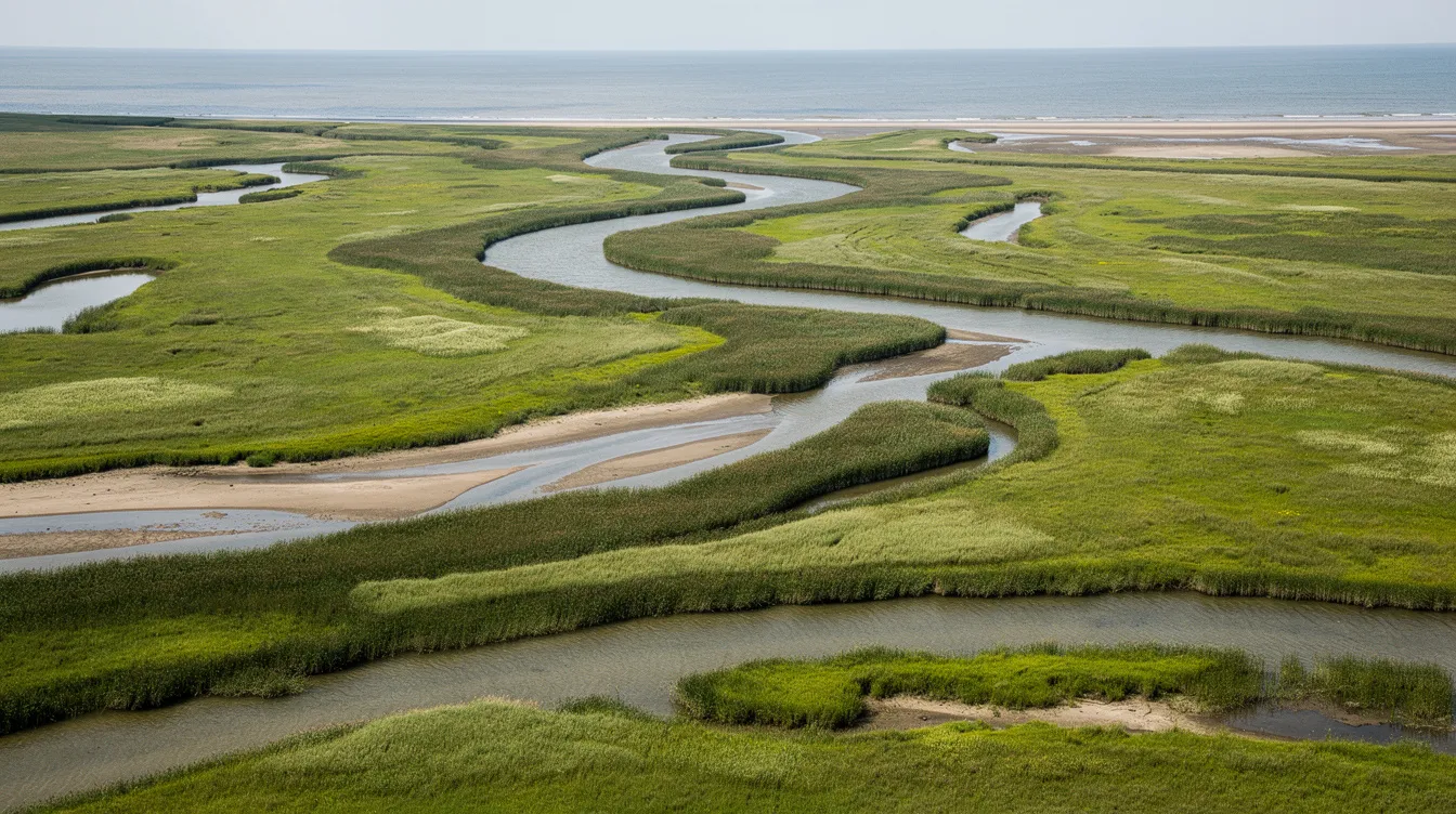 The image depicts a vibrant coastal delta landscape featuring lush green wetlands interspersed with winding river channels. This serene environment is a natural habitat that showcases the beauty of diverse ecosystems, often found in areas that support rich wildlife and plant life.