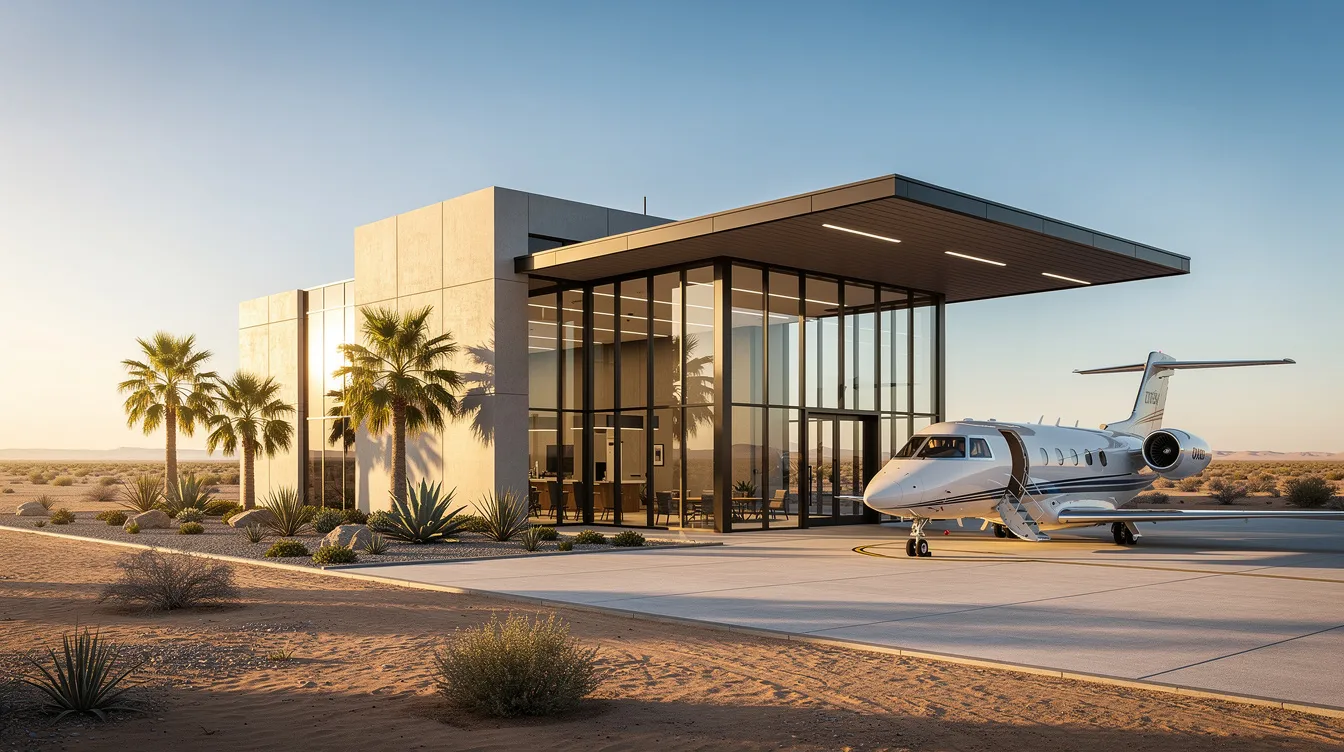 The image depicts a sleek, modern private aviation terminal situated in a vast desert landscape, with a light jet parked outside, reflecting the luxurious travel options available for flights from Las Vegas to destinations like Phoenix Sky Harbor and beyond. This terminal offers a stylish gateway for travelers seeking quick and efficient trips in Arizona's scenic surroundings.