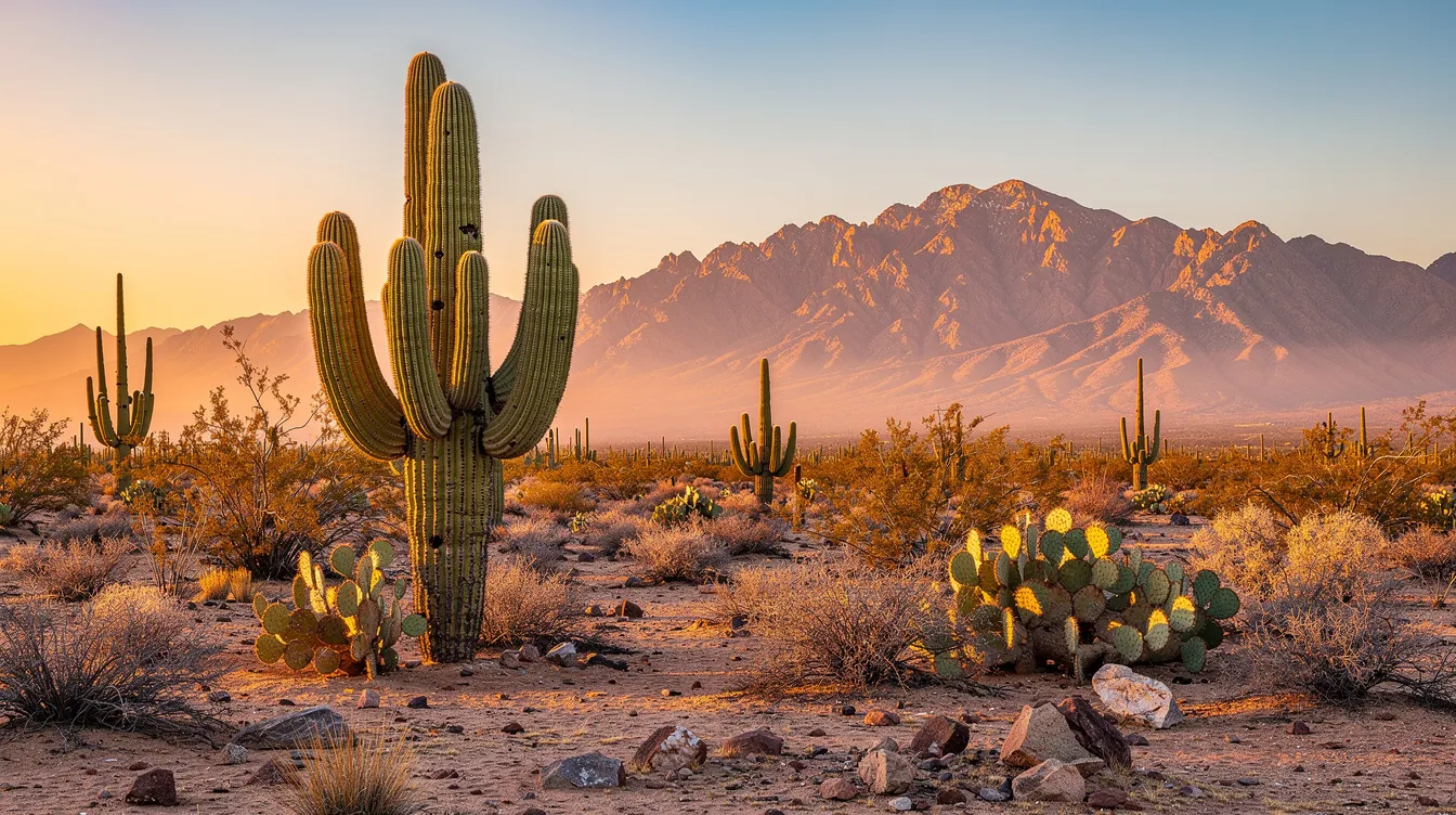 The image depicts a stunning Phoenix desert landscape featuring tall cacti and majestic mountains in the background, all bathed in the warm glow of golden hour. This serene scene captures the essence of Arizona's natural beauty, perfect for those planning a trip to explore the region's sights, such as the Desert Botanical Garden or the Heard Museum.