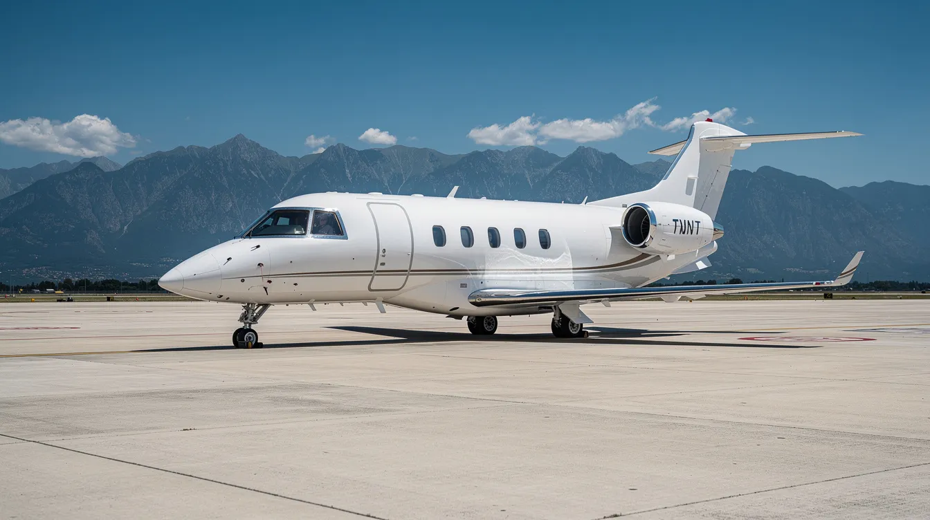 A small private jet is parked on a sunny airport tarmac, with majestic mountains in the background, capturing the serene beauty of Point Mugu, California. The clear blue sky enhances the picturesque setting, ideal for visitors exploring nearby hiking trails and the scenic Pacific Coast Highway.