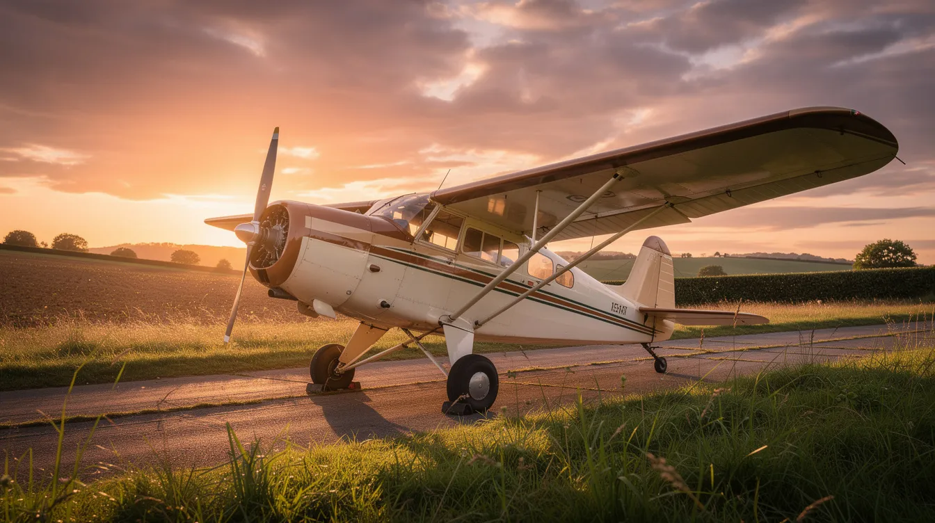 A vintage single-engine Cessna aircraft is parked on a grassy airstrip at sunset, with expansive open farmland stretching into the background. The warm hues of the sunset illuminate the aircraft, showcasing its classic design and the tranquil aviation atmosphere.