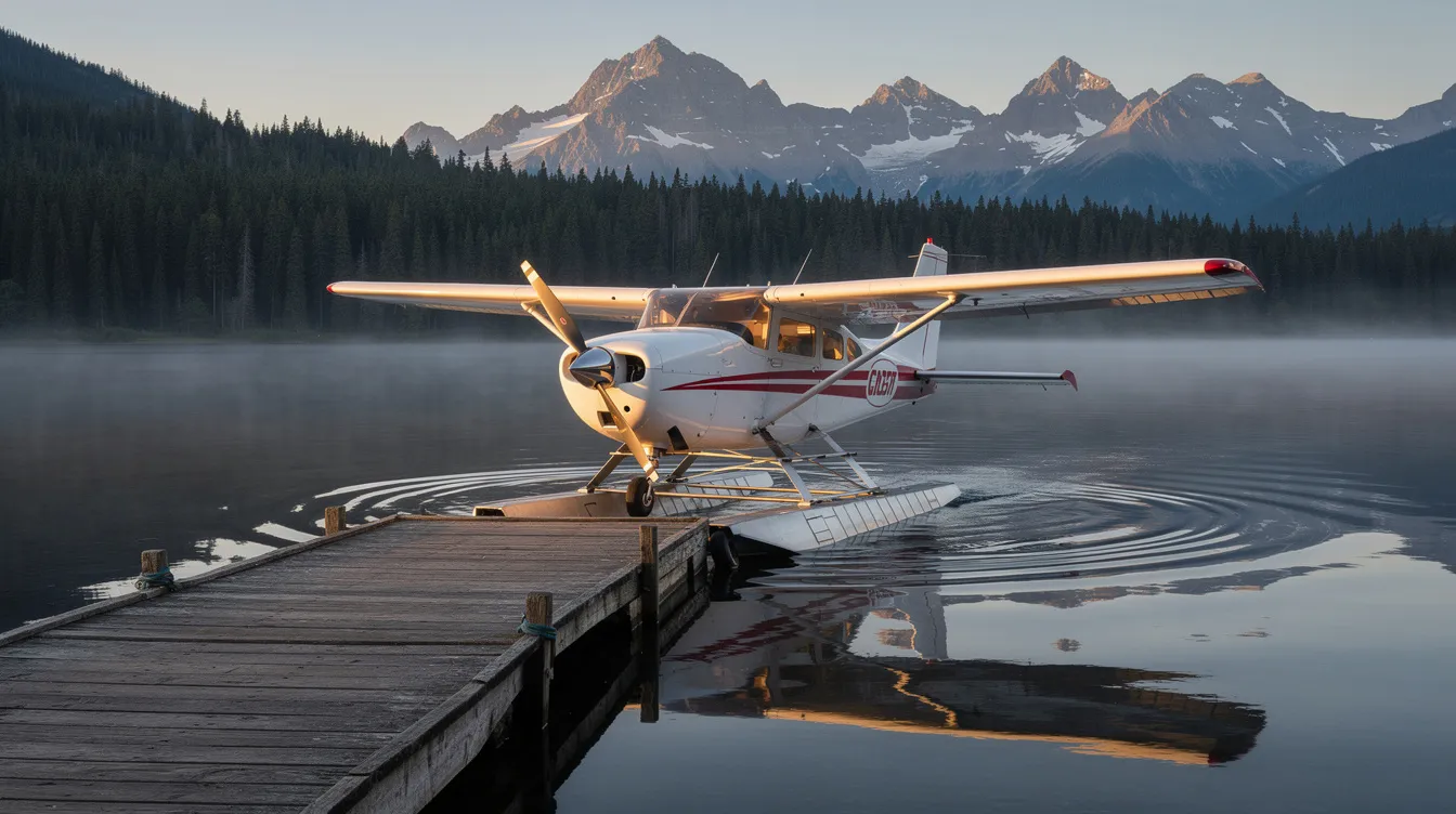 An old Cessna floatplane is securely tied to a wooden dock, resting on a calm mountain lake surrounded by tall pine trees. The serene setting highlights the beauty of general aviation aircraft in nature, showcasing the legacy of Cessna as a prominent small aircraft company.