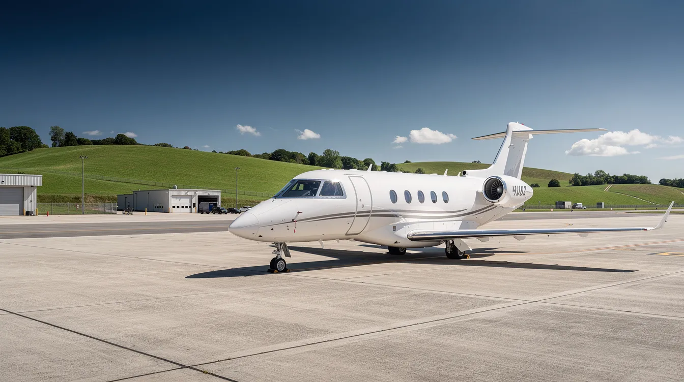 A small white Cessna business jet is parked on the tarmac of a regional airport, with rolling green hills visible in the background under a clear blue sky. This general aviation aircraft embodies the legacy of Clyde Cessna and the quality associated with the Cessna brand.