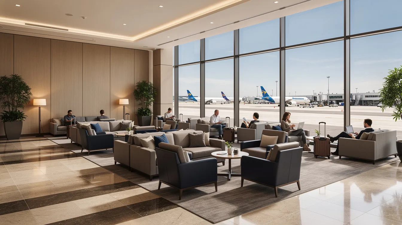 The image depicts the interior of a large modern airport lounge, featuring comfortable seating and expansive windows that provide a view of the tarmac at Cincinnati Northern Kentucky International Airport. This inviting space is designed for valued customers and flight crews, reflecting the operational excellence of premier private jets and their commitment to outstanding service.