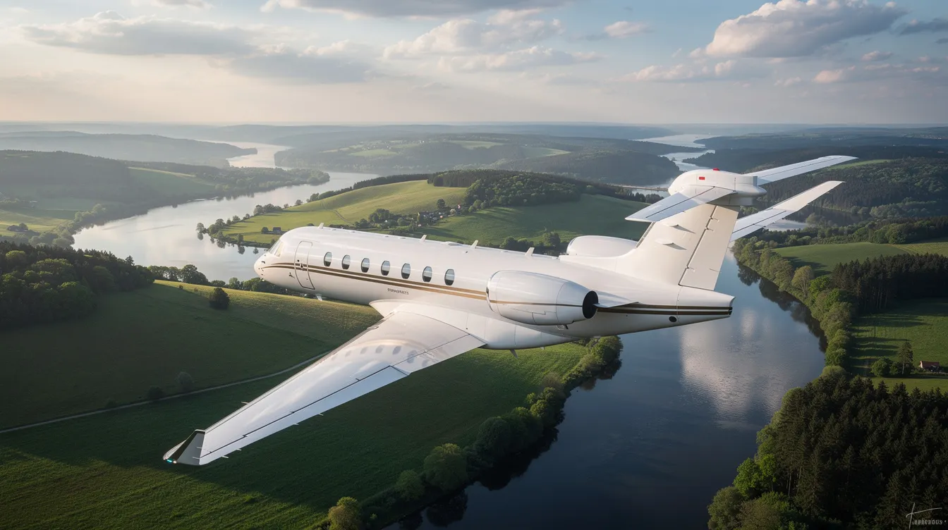A midsize private jet soars above lush green rolling hills with a winding river below, showcasing the beauty of flight operations. This scene reflects the elegance of premier private jets, highlighting their efficient travel capabilities.