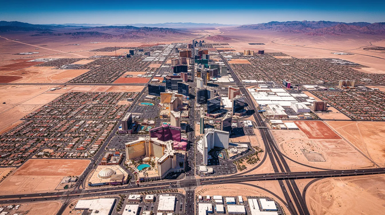An aerial view showcases the vibrant Las Vegas Strip illuminated with neon lights, surrounded by the vast, arid desert landscape. This high-altitude perspective highlights the contrast between the bustling city and the tranquil surroundings, making it a striking visual for travelers exploring private aviation options from nearby airports like Hollywood Burbank Airport and Van Nuys Airport.
