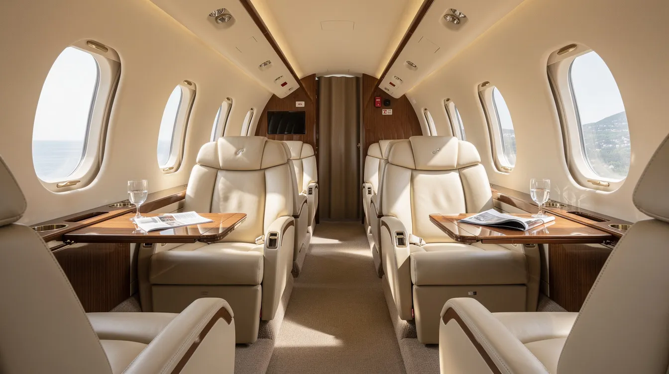 The image depicts the luxurious interior of a private jet cabin, featuring cream leather seats and ample natural light streaming through oval windows. This elegant space is designed for business and leisure travelers, ensuring a comfortable and efficient travel experience.