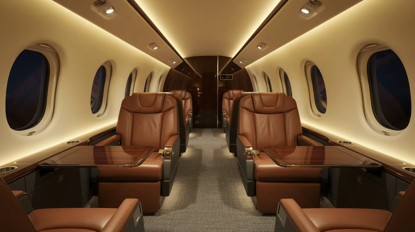 The image depicts a luxurious wide-body aircraft cabin interior, featuring plush leather seats, polished wood tables, and soft ambient lighting, reminiscent of the opulence found in presidential aircraft like Air Force One. The elegant design creates a sophisticated atmosphere suitable for high-profile travel, such as that of the US President and senior staff.