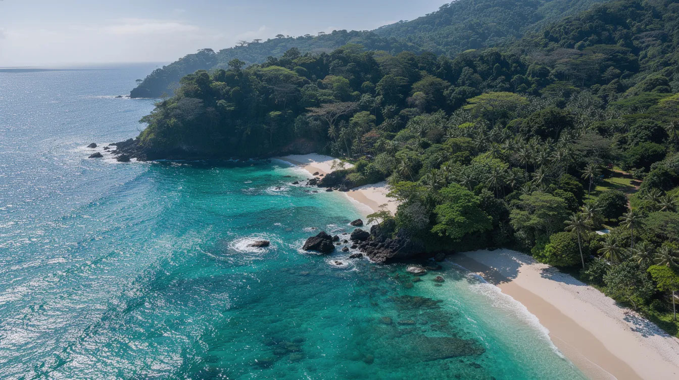 An aerial view showcases a stunning tropical coastline with vibrant turquoise waters gently lapping against the shore, framed by lush green forested hills. This picturesque scene is reminiscent of the beautiful landscapes found in Costa Rica and El Salvador, perfect for those searching for vacation deals on travel sites.