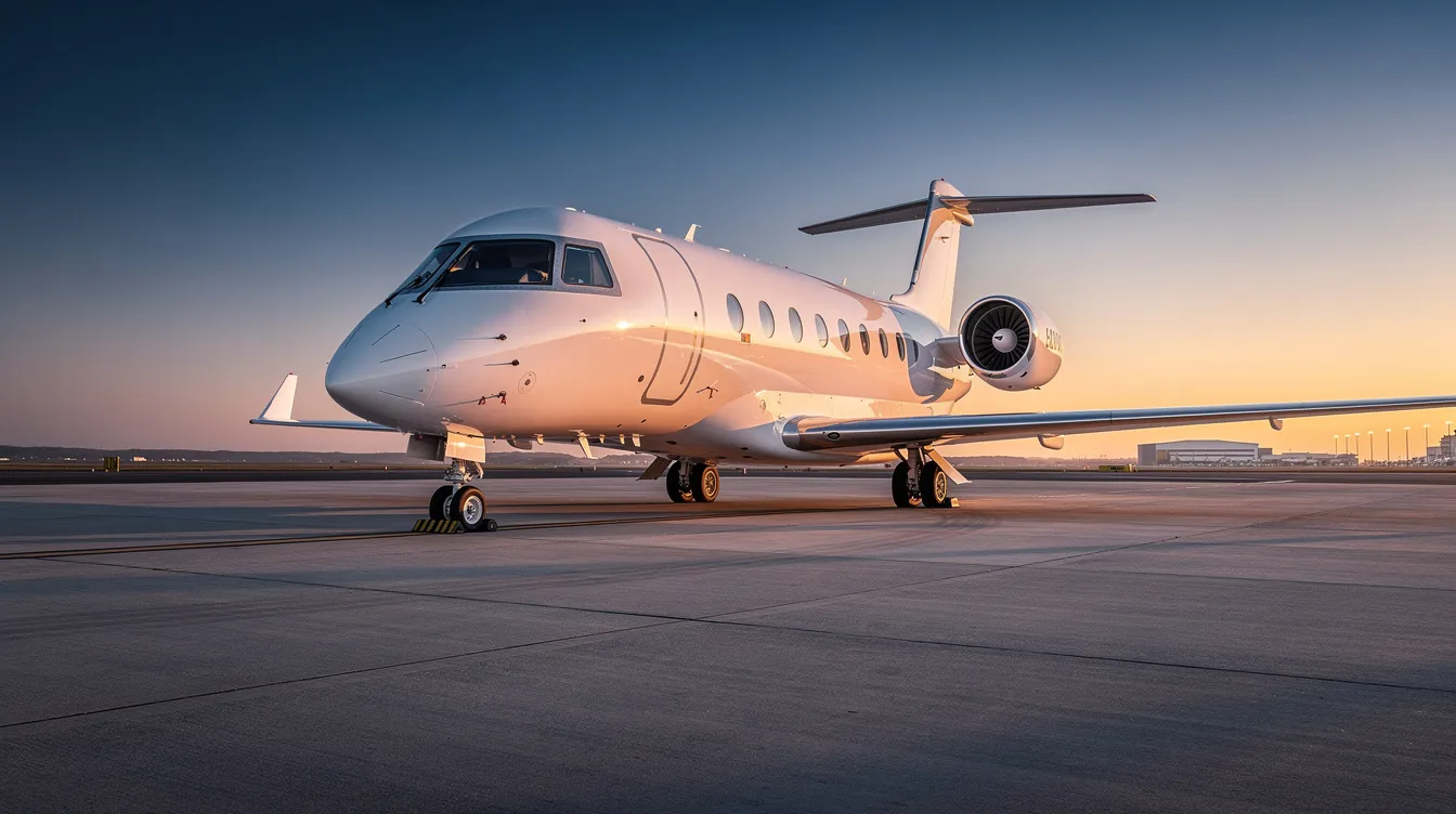 A sleek private jet is parked on a tarmac, bathed in the warm hues of a sunset with a clear sky in the background. This luxurious scene captures the essence of travel and flight booking, inviting thoughts of vacation trips and hotel deals in exotic destinations like Costa Rica or Spain.