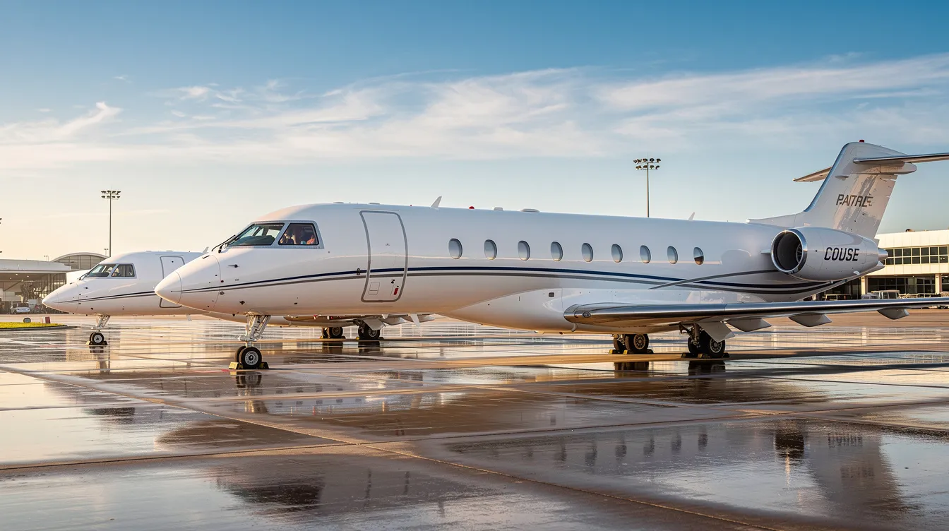 The image shows several private jets of varying sizes parked in a neat line on an airport ramp, highlighting the luxury of private air travel. This scene reflects the exclusivity of flight booking options for travelers seeking unique experiences and deals.