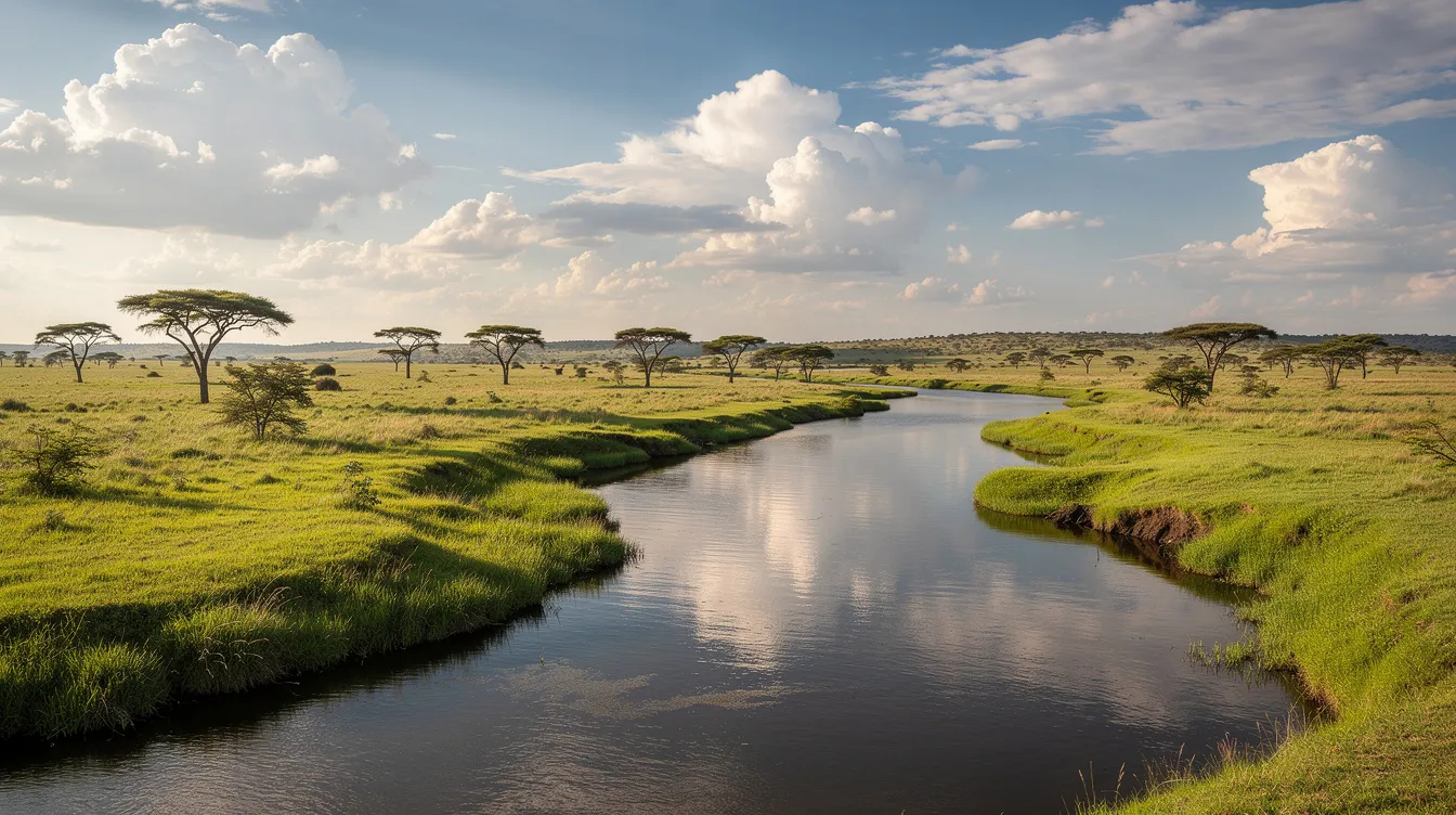 The image depicts a wide river flowing through a lush green savanna landscape in northern Nigeria, dotted with scattered trees under a partly cloudy sky. This serene scene showcases the natural beauty of the African continent, particularly in the vibrant ecosystems found in the federal republic of Nigeria.