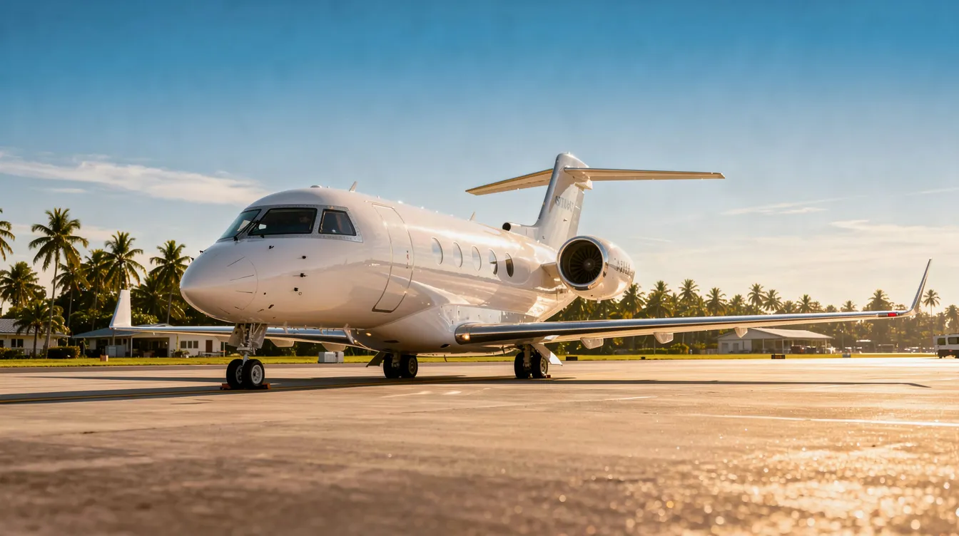 A sleek private jet is parked on a tarmac at a tropical airport, surrounded by palm trees and set against a clear blue sky, reflecting the vibrant culture of southern Nigeria, a region known for its natural resources and economic development. The scene captures the essence of travel in West Africa, highlighting the luxurious side of this populous country.