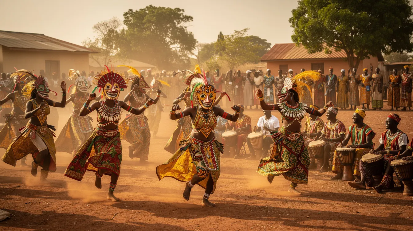 The image depicts a vibrant traditional African festival in northern Nigeria, where dancers adorned in elaborate costumes perform joyfully in an open area, showcasing the rich cultural heritage of the country. The colorful scene reflects the unity and diversity of Nigeria's major ethnic groups, celebrating the nation's lively traditions on the African continent.