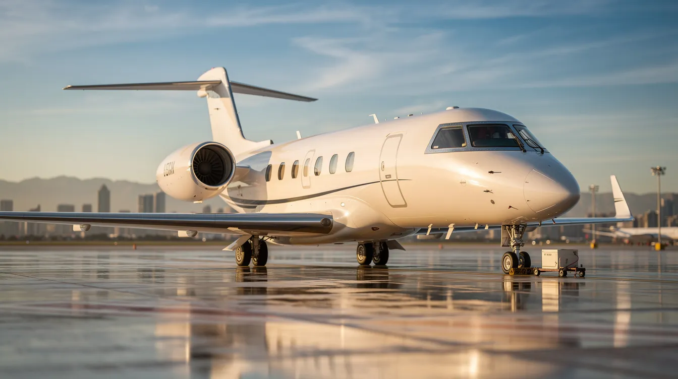 The image features a sleek private jet parked at a private terminal, showcasing the luxury and convenience of private aviation for discerning travelers. This private jet, designed for both business and leisure travelers, represents the ultimate in private jet charter services, offering a stress-free experience and efficient access to destinations like Los Angeles and San Diego.