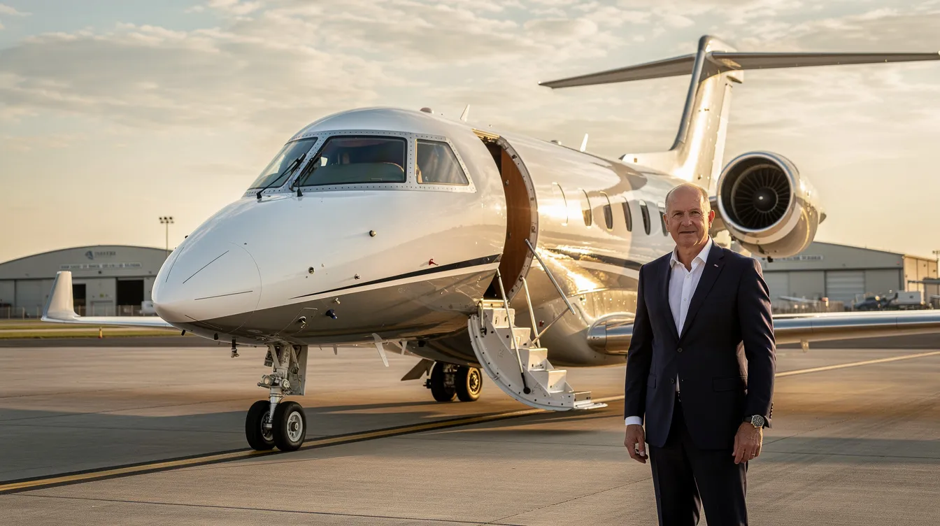 The image depicts a sleek private jet, showcasing the elegance of private aviation and the luxury of owning a private aircraft. This particular jet is designed for single ownership, highlighting the benefits of private jet ownership, such as significant time savings and the ability to fly on one's own schedule.