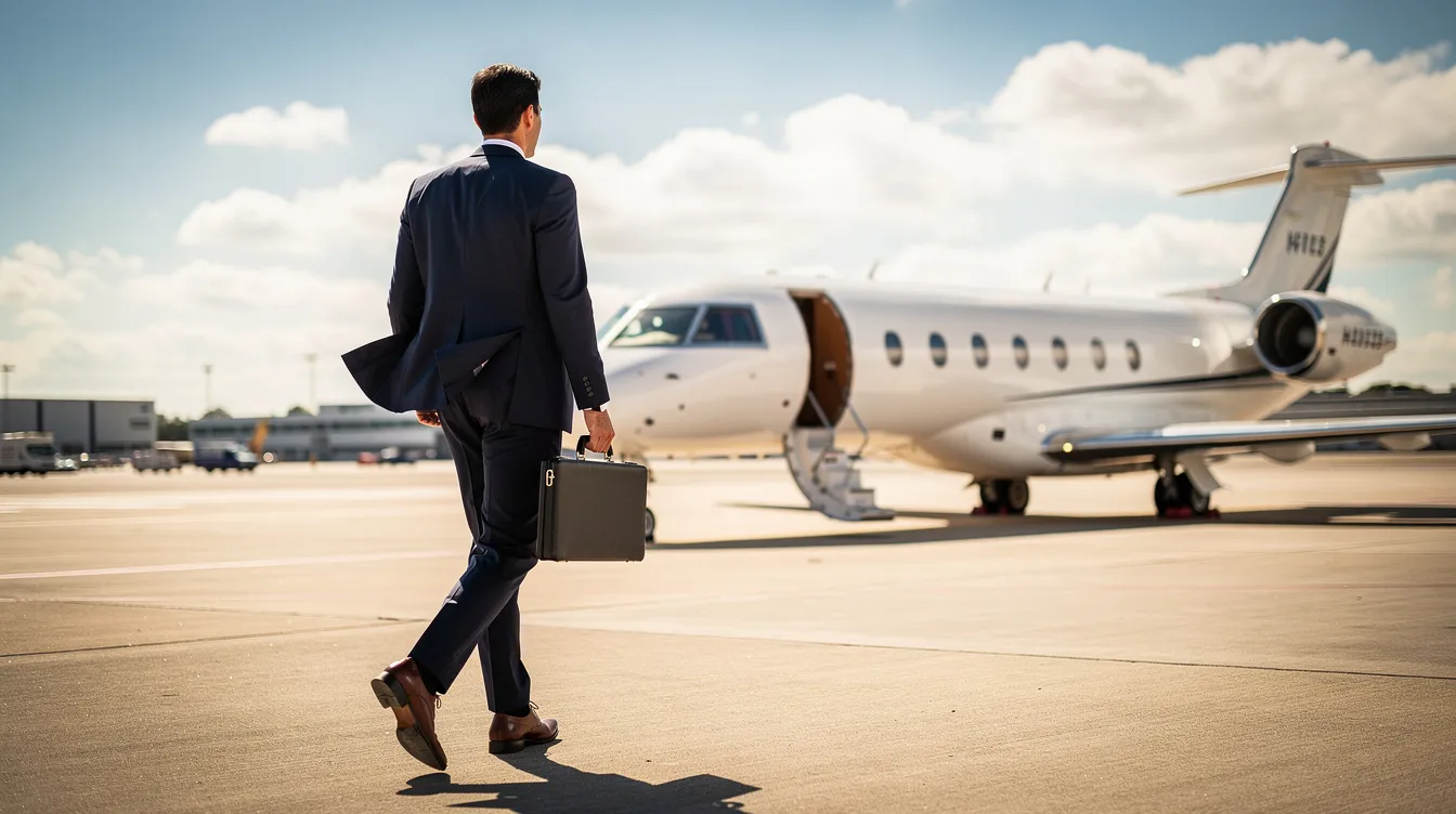 A business professional is seen walking confidently toward a private jet on a sunny airport apron, likely preparing for a flight that could involve corporate or charter operations. The scene captures the essence of private aviation, emphasizing the dynamic flight environments and the sophisticated nature of fixed wing aircraft.