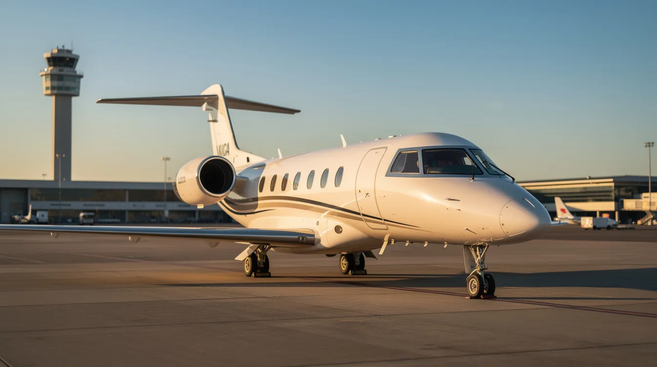 A light business jet is parked on the tarmac of Portsmouth International Airport, with a clear blue sky overhead and a control tower visible in the background, symbolizing the world of private aviation and corporate flight operations. This technically advanced aircraft represents the dynamic flight environments and unrestricted international travel privileges offered by the PlaneSense program.