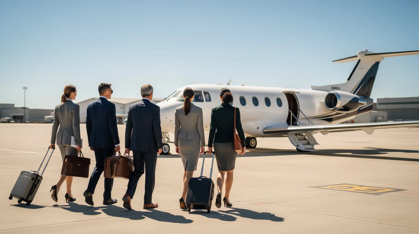 A group of business professionals is walking towards a small twin-engine aircraft, likely a Fairchild model, on a sunny tarmac. The aircraft features prominent engine nacelles and extended wing tips, ready for its next flight.
