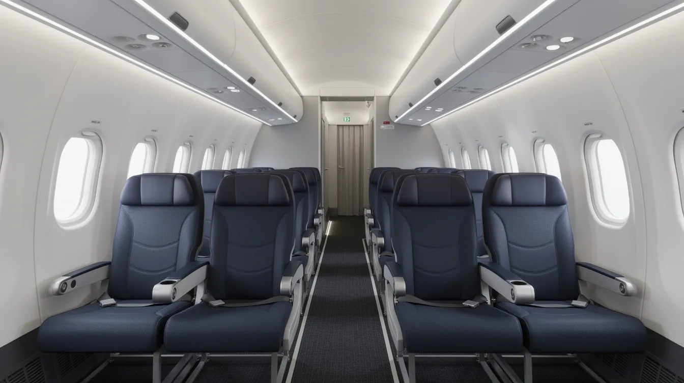 The image depicts the interior of a regional aircraft cabin, featuring rows of comfortable seats, overhead bins, and modern LED cabin lighting, designed to enhance passenger comfort during flights. This layout is common in aircraft like the Saab 340, which is known for its efficient use of space and passenger-friendly design.