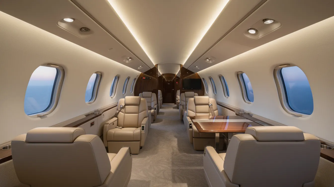 The image depicts the sleek interior of a modern midsize private jet, featuring plush leather seats and soft ambient lighting that creates an inviting atmosphere for travelers. This luxurious setting is ideal for those looking to save money on flight prices while enjoying a comfortable flying experience.