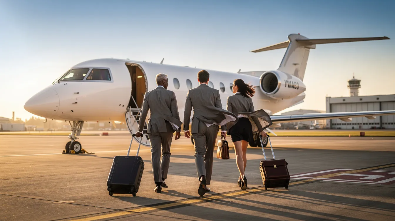 A small group of business professionals is walking toward a private jet on an airfield, ready to embark on their journey. The scene captures the essence of luxury travel, where they may utilize flight price predictors and dynamic pricing algorithms to ensure they save money on airfare prices.
