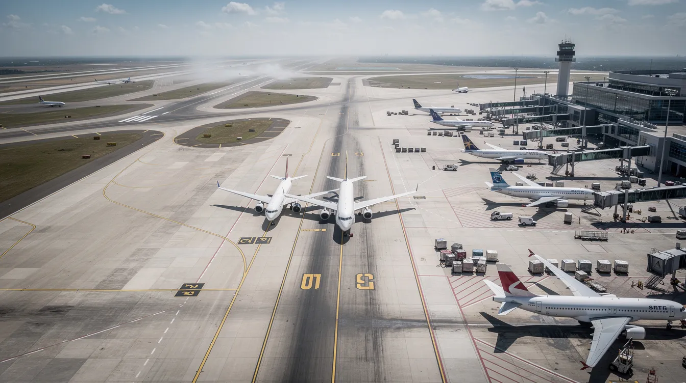 An aerial view of a busy airport runway shows several aircraft taxiing and parked, illustrating the dynamic activity of flight operations. This scene captures the essence of air travel, where flight prices and demand for specific routes can vary significantly throughout the day.