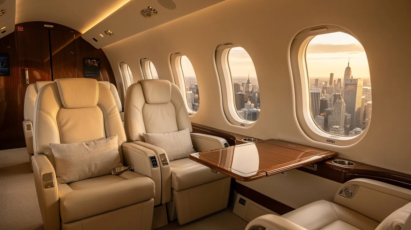 The image depicts a luxurious private jet interior featuring plush leather seats and expansive windows that reveal a sprawling city skyline below. This elegant setting reflects the high standards of business aviation, often associated with major aircraft manufacturers in the global airplane manufacturing market.