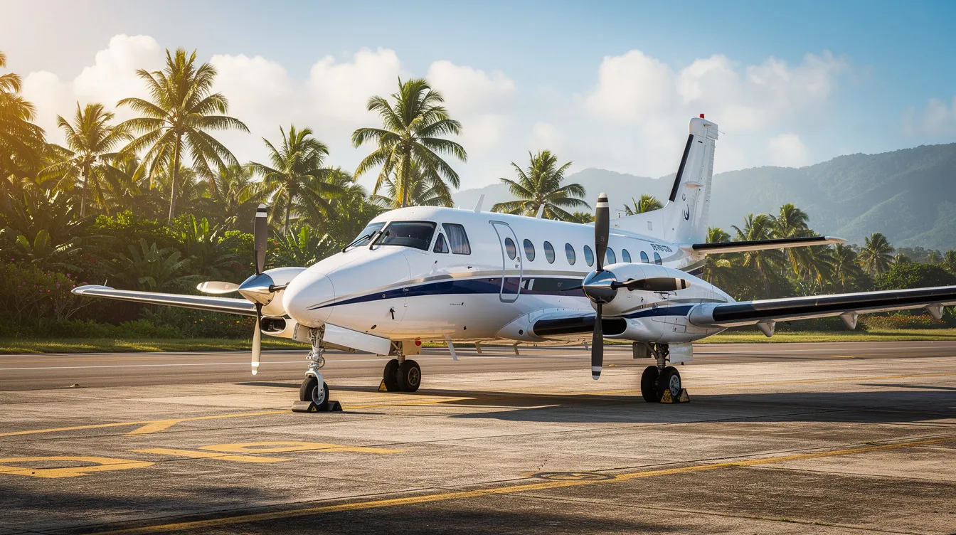 A small turboprop aircraft is parked on a tropical airstrip, surrounded by lush palm trees, evoking the serene atmosphere of Romblon Island in the Philippines. This scene highlights the beauty of direct flights to destinations like Tablas Island and Carabao Island, making it an ideal spot for travelers exploring the region.