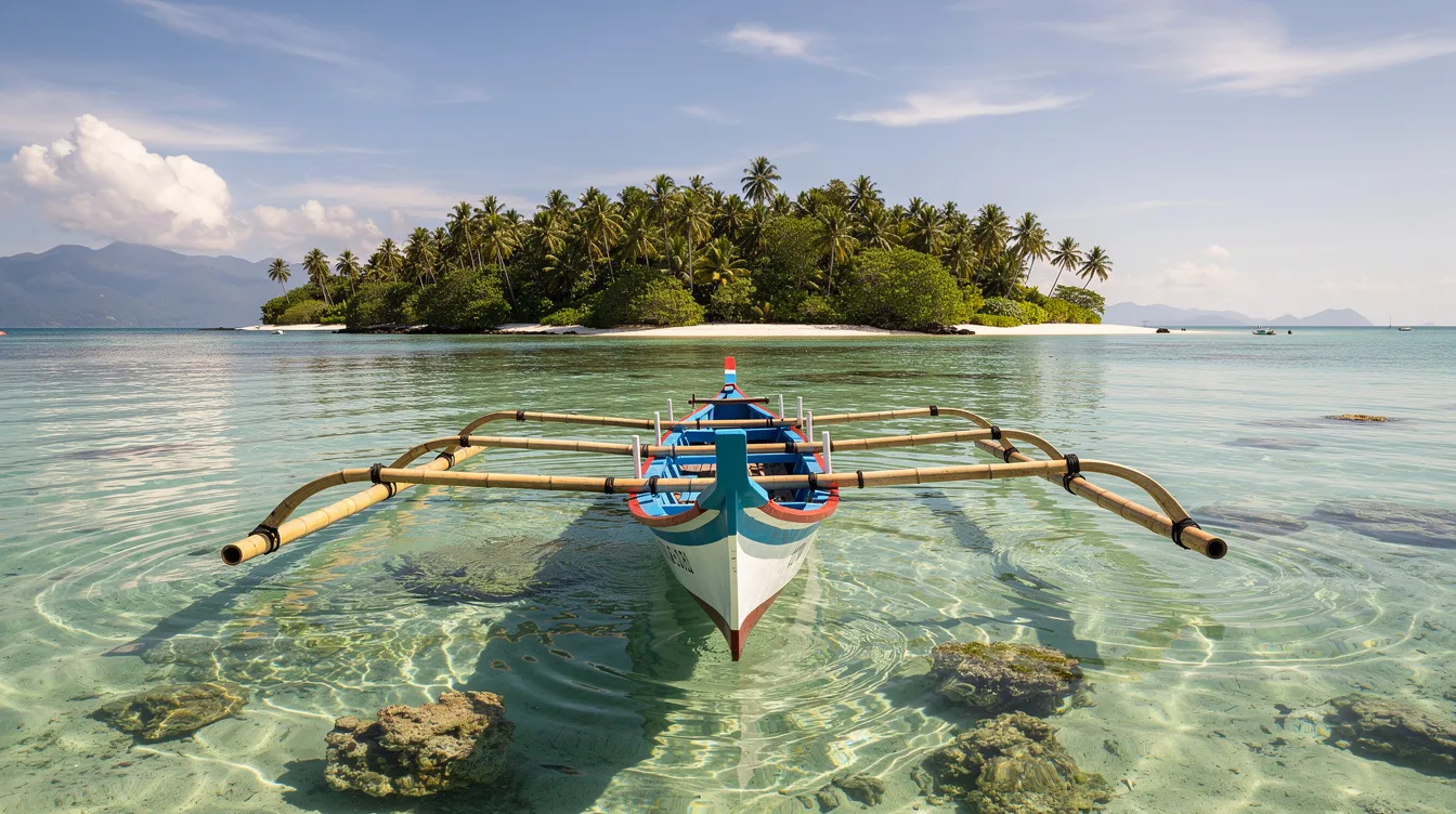 A traditional Philippine outrigger boat gently floats on calm, clear waters, with a lush green island in the background, evoking a serene atmosphere ideal for exploring the beauty of Romblon Island. This picturesque scene highlights the tranquil journey often taken by travelers arriving via direct flights from Manila to enjoy the stunning landscapes of the Philippines.