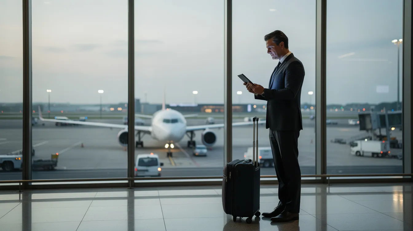 A business traveler stands near large windows overlooking an airport runway, intently looking at a tablet screen that likely displays information about travel perks and scheduled flights. The scene captures the essence of aviation and the excitement of upcoming journeys, emphasizing the importance of efficiency and client service in the industry.