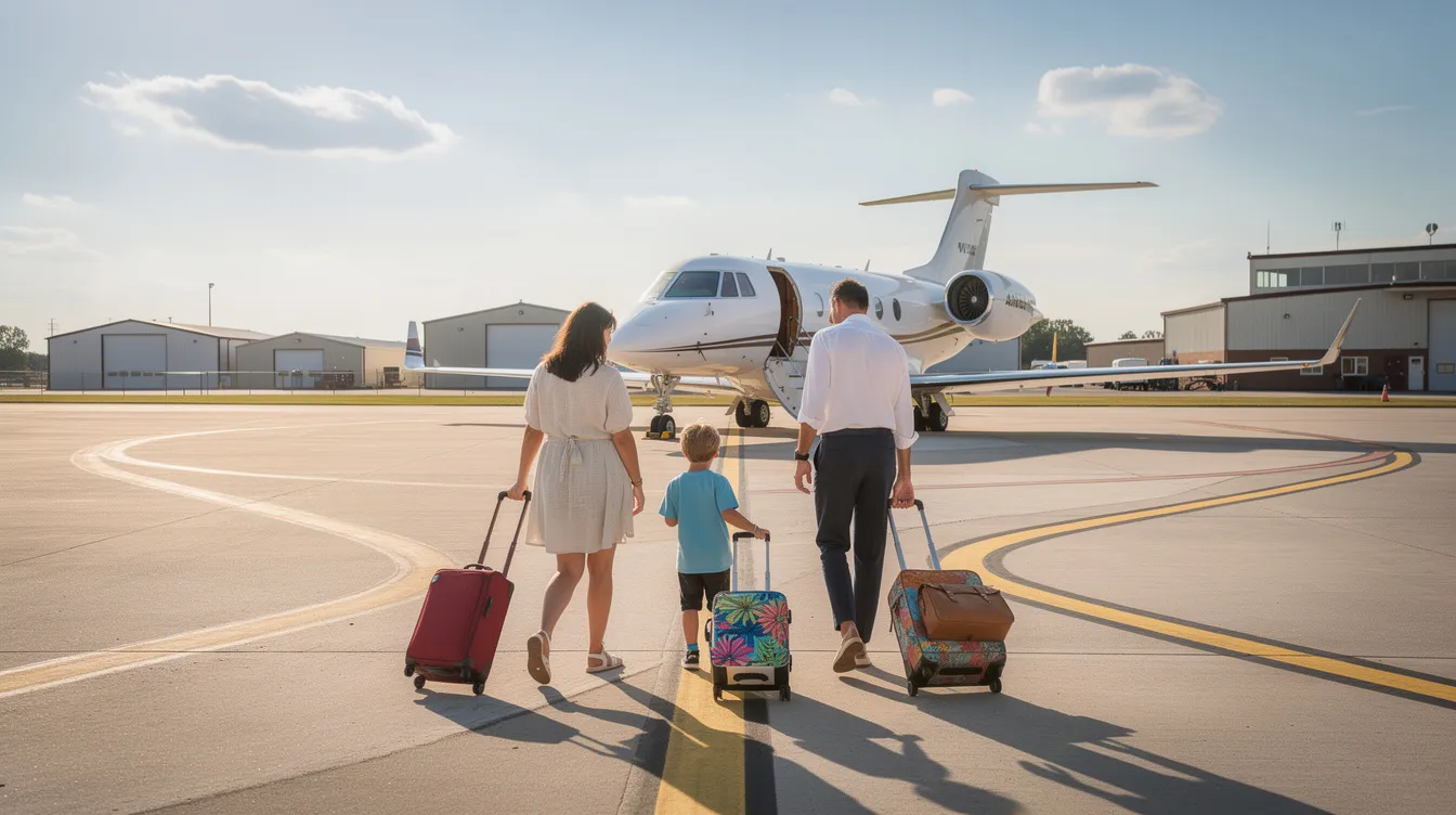 A family is seen walking towards a midsize private jet at a small regional airport on a sunny day, with their luggage in tow, ready for a private jet experience. The scene captures the excitement of travel, highlighting the convenience and luxury of flying with flyexclusive offers.