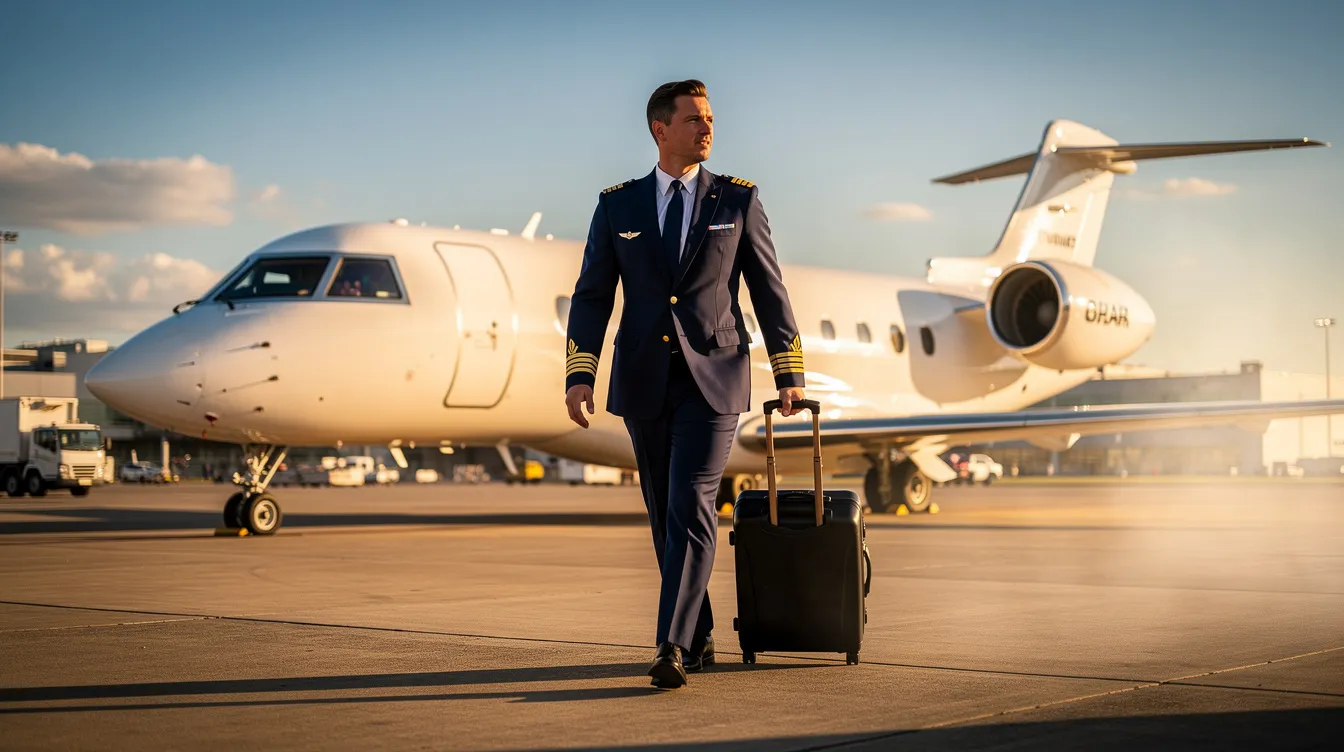 A pilot in uniform confidently walks across a sunlit airport ramp towards a sleek parked business jet, embodying the essence of aviation and private jet experiences. The scene captures the excitement of flight and the professionalism of pilots in the industry.