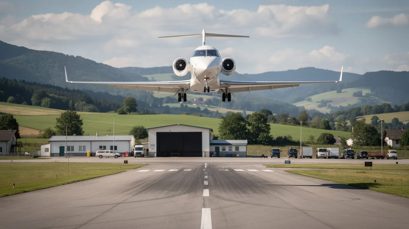 A sleek midsize private jet is landing at a small regional airport, surrounded by lush green hills, showcasing the beauty of the landscape as it serves passengers in the airline industry. This scene highlights the efficiency and service of air travel, connecting people across the USA and beyond.