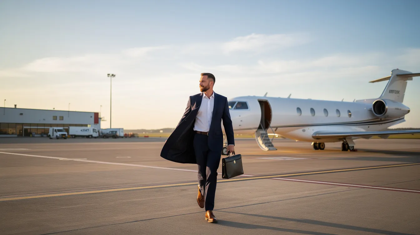 A corporate executive is walking across a private airport tarmac towards a waiting light jet on a clear morning, highlighting the efficiency and luxury often associated with major airlines in the airline industry. The scene captures the essence of private travel, as the executive prepares for a flight that connects them to various destinations.