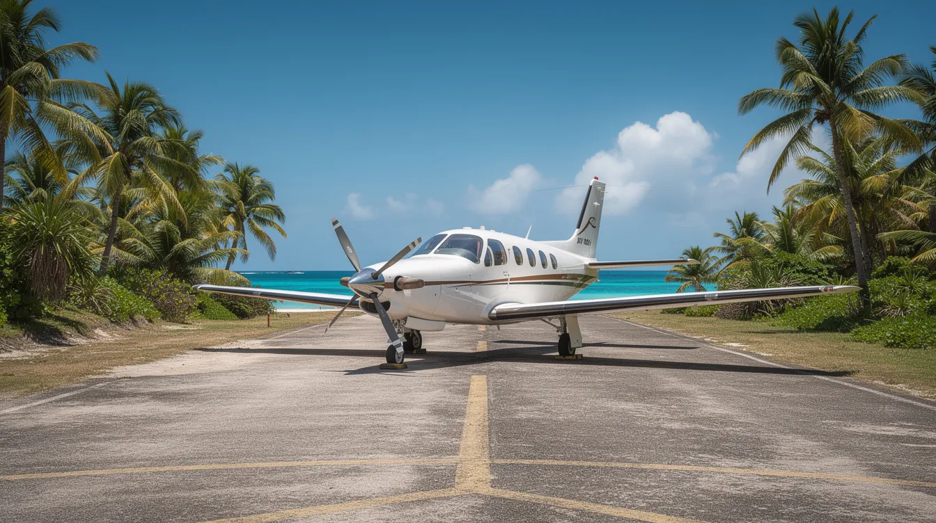 A small private aircraft is parked on a tropical island runway, surrounded by lush palm trees and the vibrant blue ocean in the background, showcasing a serene travel destination. This picturesque scene highlights the beauty of private flights in the airline industry, inviting passengers to explore exotic locations.