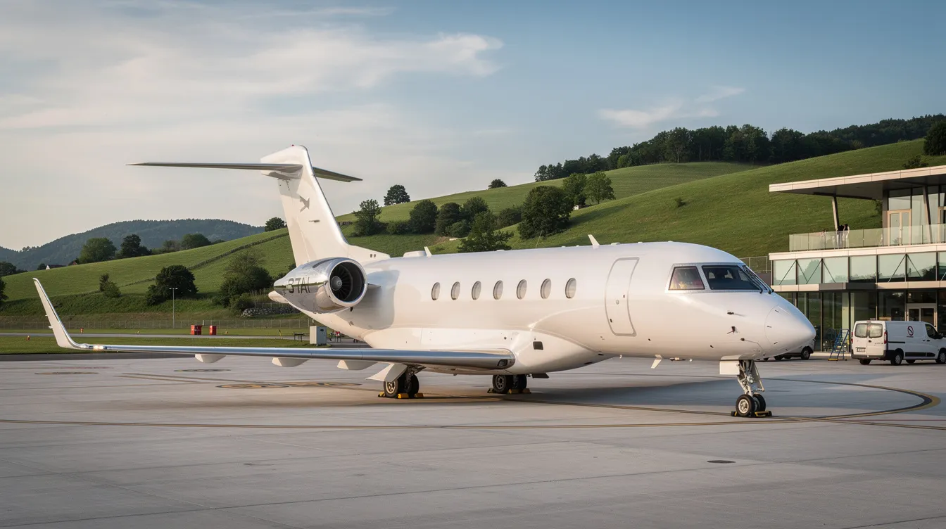 A sleek modern private jet is parked on the tarmac of a small executive airport, with lush green hills in the background, showcasing its elegant design and efficient twin engine aircraft features. This aircraft represents the advanced technology and fuel efficiency of contemporary aviation.