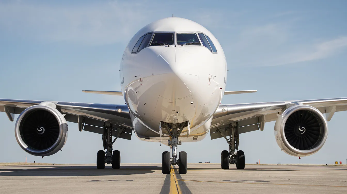 A commercial wide-body passenger airplane, such as the Airbus A380 or Boeing 777, is depicted from the front, showcasing its large fuselage and efficient twin engines against a clear blue sky. This image highlights the aircraft's impressive size and design, typical of the world's largest passenger aircraft used for long-range flights.