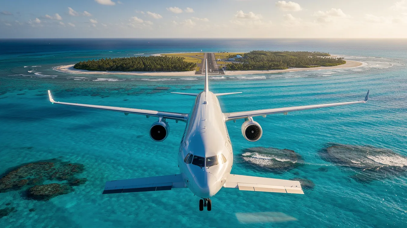 A commercial airplane flies above the bright blue waters of the Caribbean Sea, approaching a tropical island, likely heading towards Norman Manley International Airport in Kingston or Sangster International Airport in Montego Bay. This image captures the excitement of travelers planning a vacation in Jamaica, where they can expect several hours of flight time from major cities like Miami, New York, or Toronto.